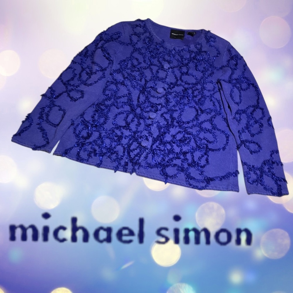 Michael Simon Women's 1998 Cardigan Sweater‎ Fringe Doodle Cosmic Cobalt Blue XL